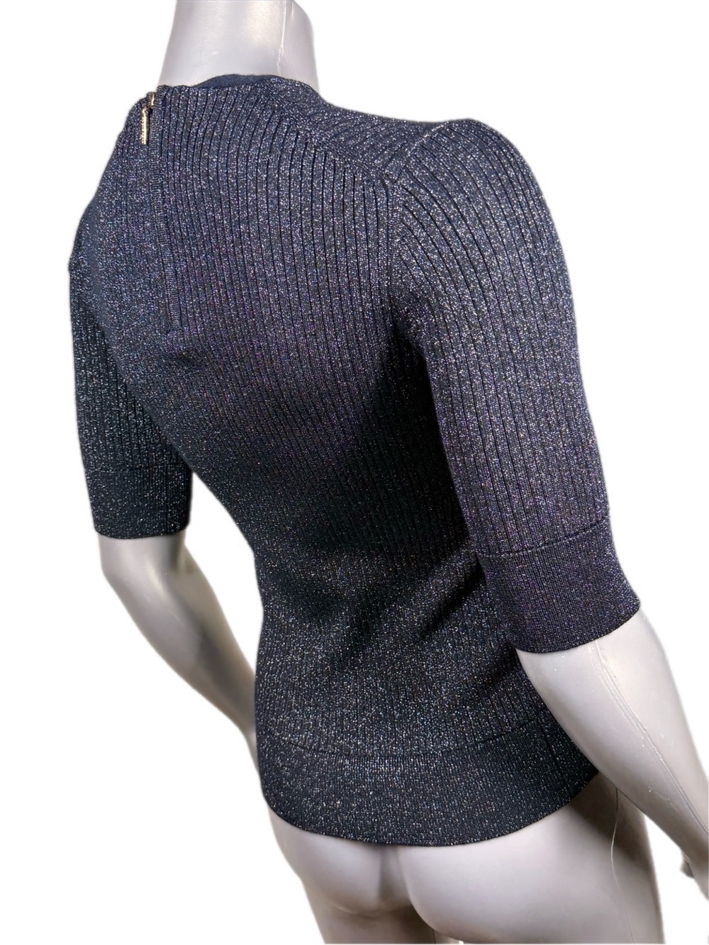 Tory Burch | Navy Blue Ribbed Short-Sleeve Metallic Knit Top - Silver Sparkle - Picture 7 of 14